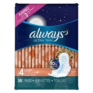 Always Ultra Thin Overnight Pads with Wings, Size 4, Overnight