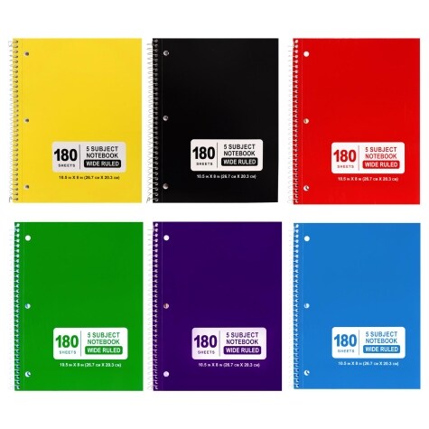 Colorful Wide-Ruled 5-Subject Spiral Notebooks Assorted