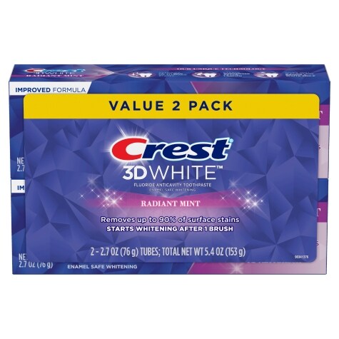 Crest 3D White Radiant Mint, Teeth Whitening Toothpaste, 2.7 oz, Pack of 2