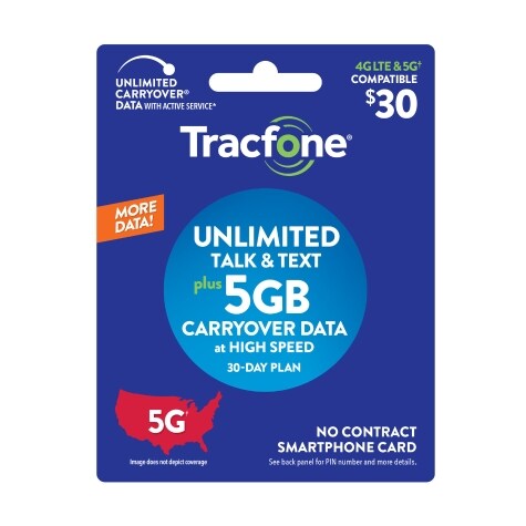 Tracfone $30 Unlimited Talk & Text plus 5GB Carryover Data 30-Day ...