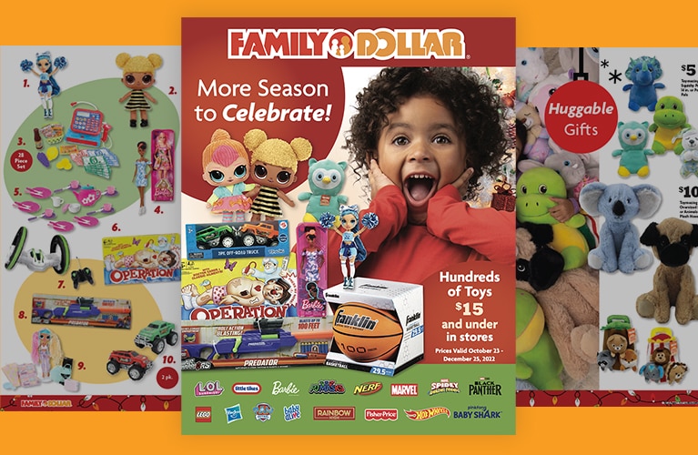 Cover of Family Dollar Holiday Toy Guide with ad pages laid out in